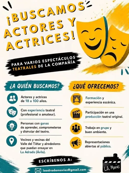 Evento Buscamos actores y actrices en La Adrada el 20 oct - Consulta la agenda para más detalles.